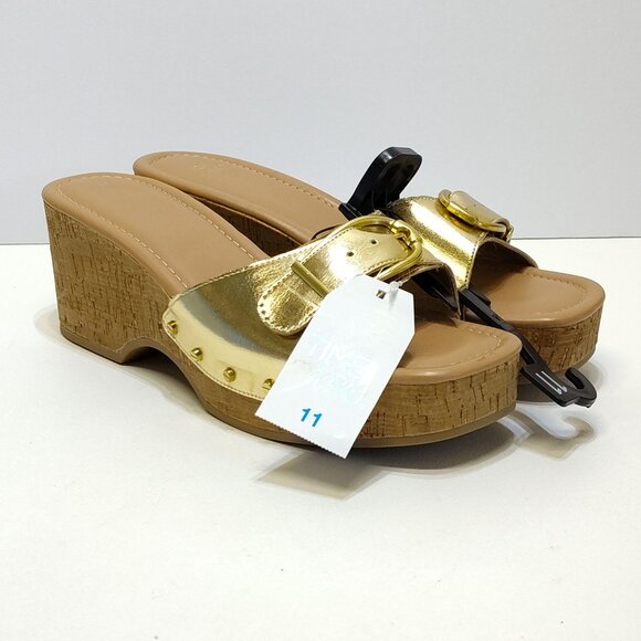 Time and Tru Gold Buckle Cork Wedge Platform Memory Foam Sandals Size 11 NWT - Picture 2 of 9